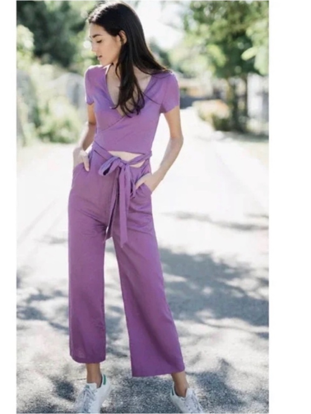 Urban Outfitters Keira Linen Wrap Jumpsuit in Purple Size Medium